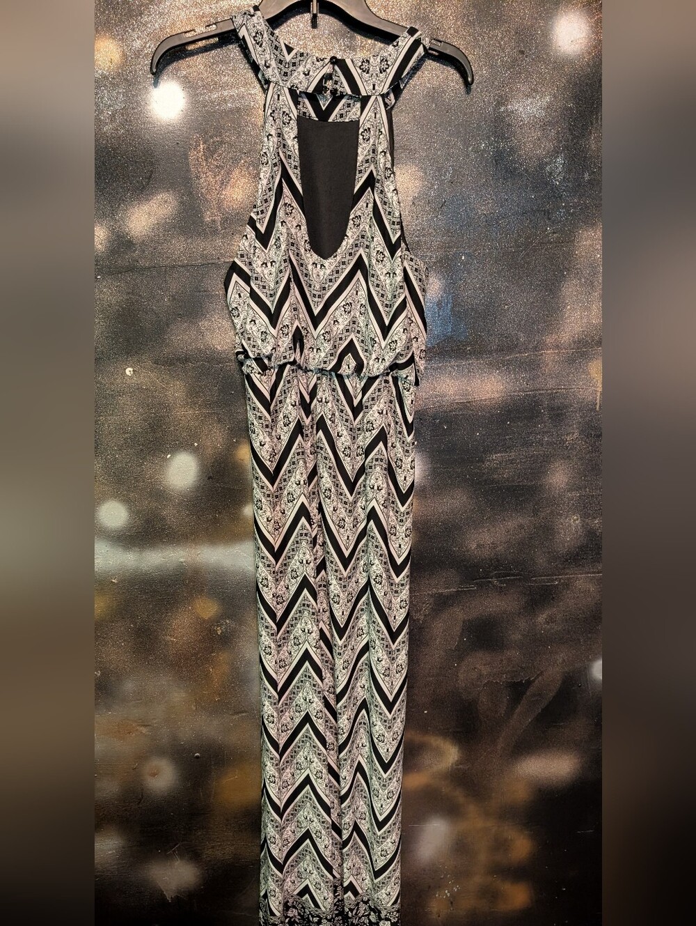 Three Hearts Black & White Chevron Backless Maxi Dress